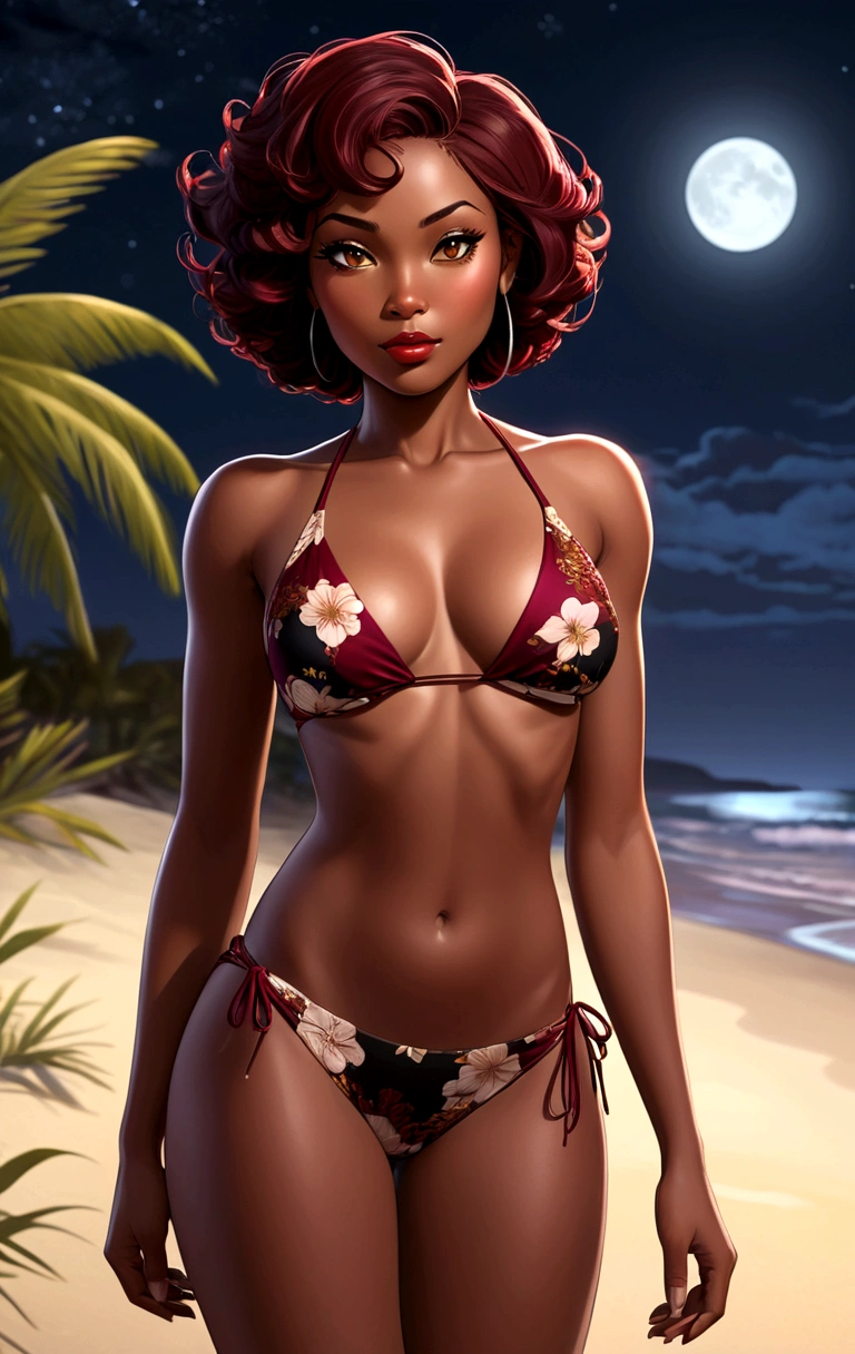 sensual african american slim robust body woman with asian features, dark skin and nice face, short elegantly styled dark reddish brown hair and light brown eyes. she wears a wine red bikini, black floral designs on top. Full Detailed Simple Comic Style 2D Model. she is on a beautiful beach at night