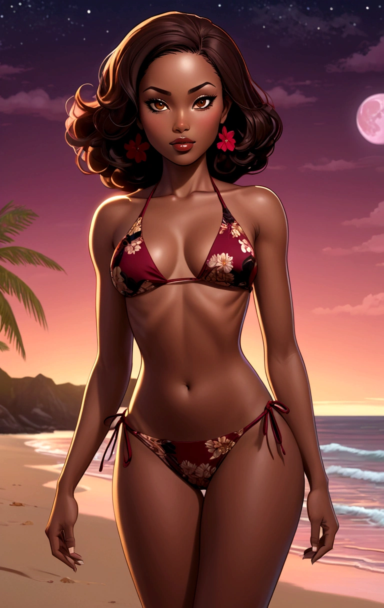sensual african american slim robust body woman with asian features, dark skin and nice face, short elegantly styled dark reddish brown hair and light brown eyes. she wears a wine red bikini, black floral designs on top. Full Detailed Simple Comic Style 2D Model. she is on a beautiful beach at night