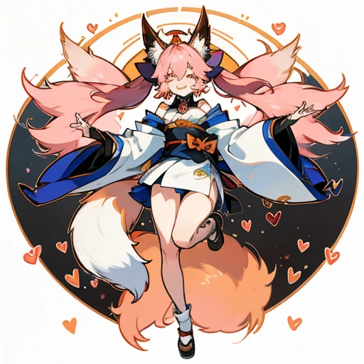 Tamamo no mae (destiny/Extra), Tamamo (destiny), One girl, alone, Long Hair, chest, View your viewers, blush, Open your mouth, bangs, large chest, Simple Background, Long sleeve, White Background, bow, Animal ears, Hair between the eyes, Bare shoulders, twintails, tail, Yellow Eyes, Pink Hair, hair bow, heart, Side Lock, Thighs, Removable sleeves, Close one eye, kimono, tooth, Wide sleeves, Underarm, kimono, Raise your arms, Animal earsの毛, sash, Fox Ears, Detachable collar, fox tail, blue bow, heart, heart-shaped pupils, chest out, Fox Girl, Put your arms behind your head, blue kimono, Fox silhouette,（nsfw:1.7）