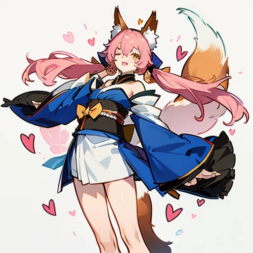 Tamamo no mae (destiny/Extra), Tamamo (destiny), One girl, alone, Long Hair, chest, View your viewers, blush, Open your mouth, bangs, large chest, Simple Background, Long sleeve, White Background, bow, Animal ears, Hair between the eyes, Bare shoulders, twintails, tail, Yellow Eyes, Pink Hair, hair bow, heart, Side Lock, Thighs, Removable sleeves, Close one eye, kimono, tooth, Wide sleeves, Underarm, kimono, Raise your arms, Animal earsの毛, sash, Fox Ears, Detachable collar, fox tail, blue bow, heart, heart-shaped pupils, chest out, Fox Girl, Put your arms behind your head, blue kimono, Fox silhouette,(nsfw:1.9)