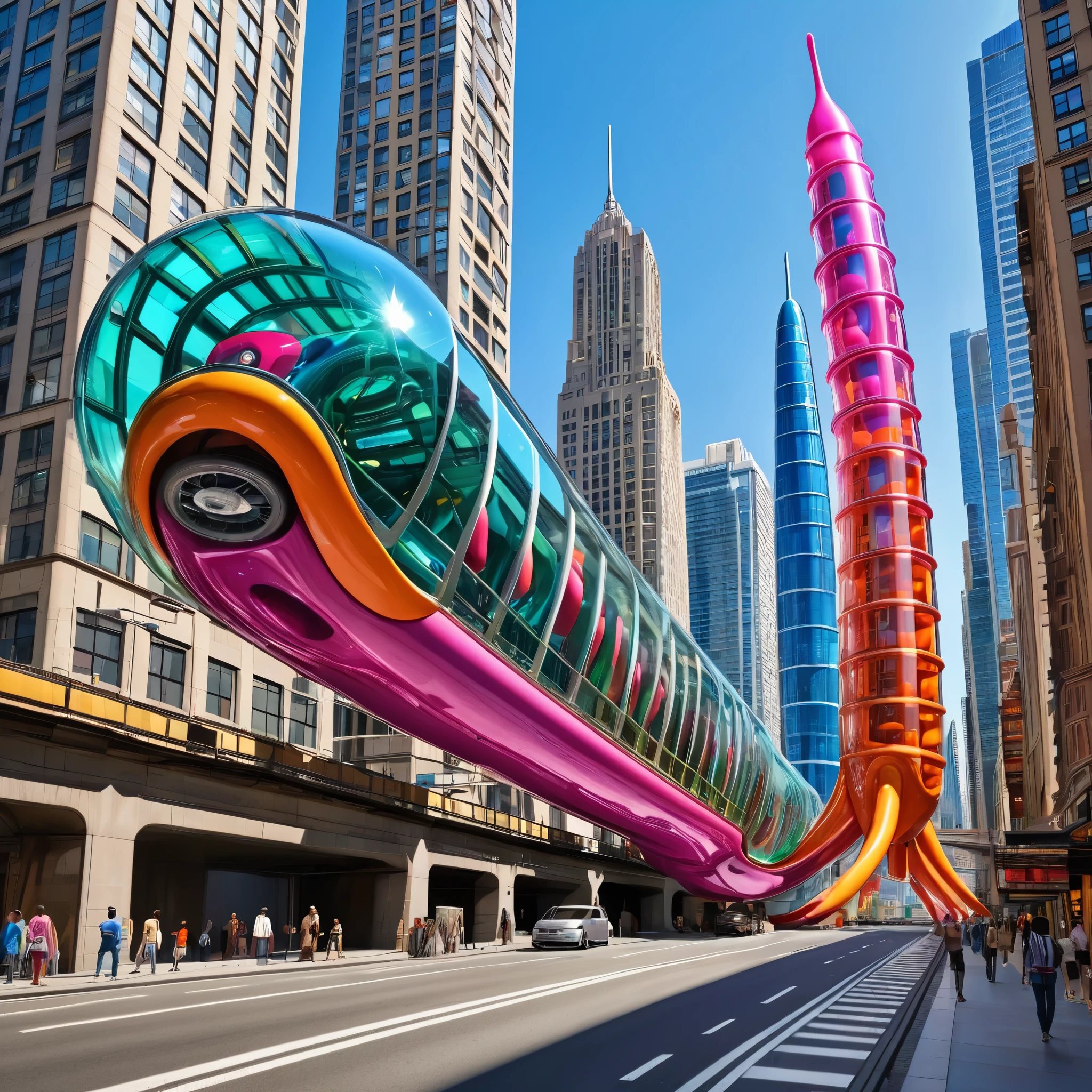 A great futuristic metropolitan made of glass and steel where tall buildings are shaped liked dildos and vehicles are individual sperm with wheels and windows moving down the streets. Tunnels look like vaginas. Hyper realistic, vibrant colors, 16k