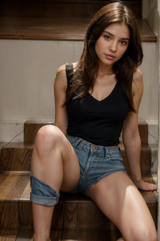 generate me a hyper-realistic image of an 18 year old girl of European and American descent with perfect, well lined eyes and brown eyes, with brown hair, beautiful delicate lips and a thin, upturned nose, straight hair, a height of one meter and 60 centimeters, bust details L, beautiful exercised legs and she is sitting on the stairs made of straight mahogany wood and after 20 steps they have a curve to the left and she is wearing a full blue jean pants that covers all her legs attached with a black polo shirt with zero sleeves without design and with a v-neck, long jeans.