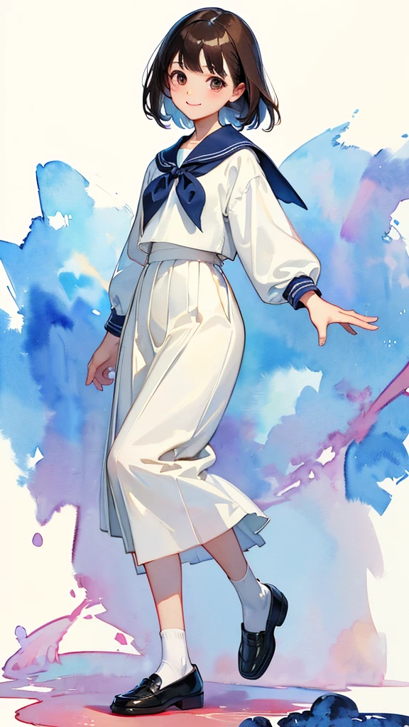(1 Girl、alone、whole body、natural standing posture)、(Standing casually)、(whole body:1.4)、(whole bodyショーケース)、(whole bodyを見せる)、((Character Concept Art))、(Portraiture:1.2)、(Detailed facial depiction、A kind smile)、Short dark brown hair、White Sailor Suit、Navy blue sailor collar、uniform、Long skirt、Pleated skirt、shoes、loafers、(Vintage、Classic)、((No background))、((White Background))、Blur the background、(No logo)、((Watercolor of singer Sargent))、Impressionist style painting、(Highest quality、masterpiece)、
