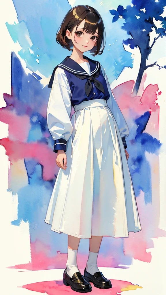 (1 Girl、alone、whole body、natural standing posture)、(Standing casually)、(whole body:1.4)、(whole bodyショーケース)、(whole bodyを見せる)、((Character Concept Art))、(Portraiture:1.2)、(Detailed facial depiction、A kind smile)、Short dark brown hair、White Sailor Suit、Navy blue sailor collar、uniform、Long skirt、Pleated skirt、shoes、loafers、(Vintage、Classic)、((No background))、((White Background))、Blur the background、(No logo)、((Watercolor of singer Sargent))、Impressionist style painting、(Highest quality、masterpiece)、
