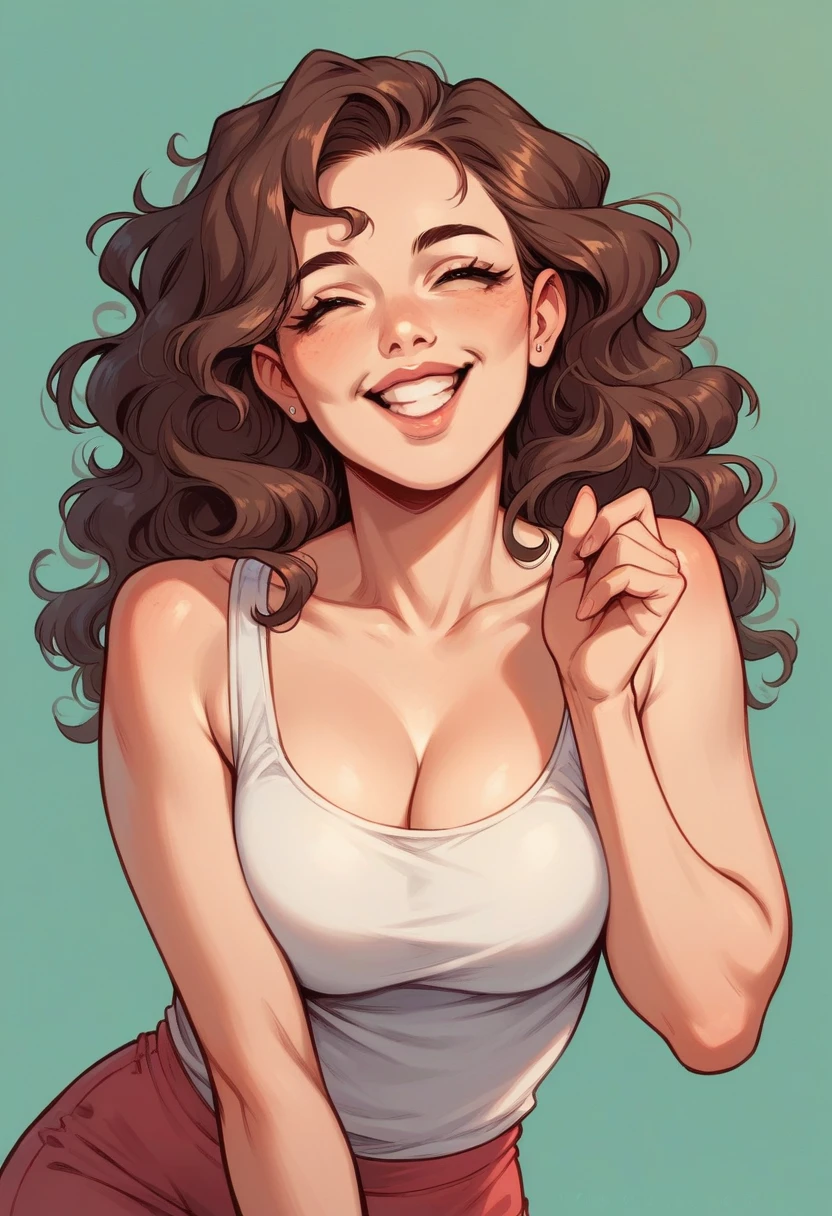 Create a pilates studio with various equipment , and a teacher next to the device , She is brunette with shoulder length wavy hair and she is happy , her lips are slightly pink