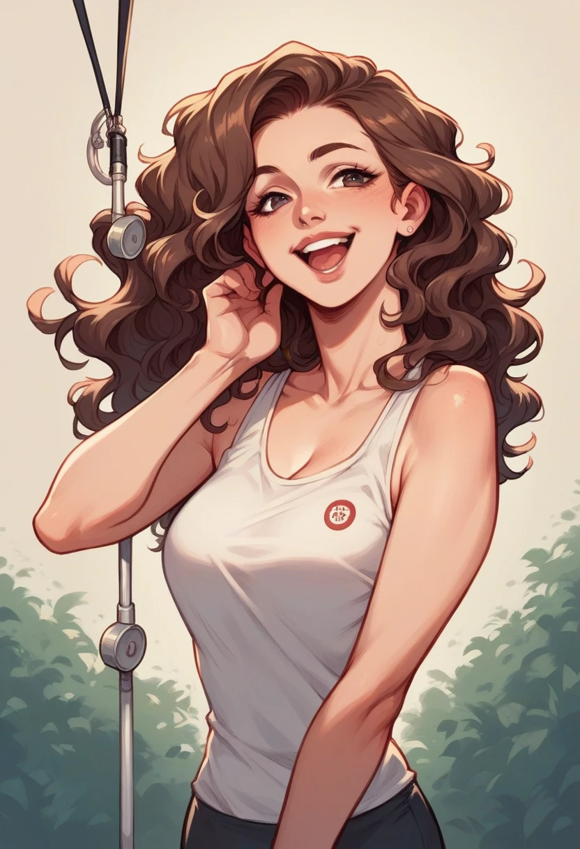Create a pilates studio with various equipment , and a teacher next to the device , She is brunette with shoulder length wavy hair and she is happy , her lips are slightly pink