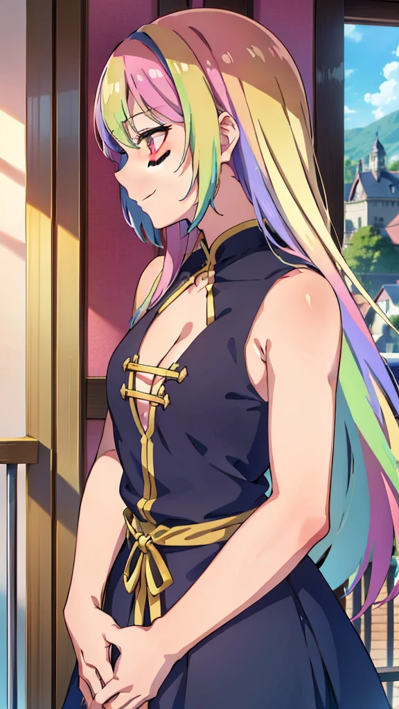 (1girl,20 years old),rainbow hair,long hair,black dress, sleeveless,bare shoulders,smile,blush,extra arms,four arms,cleavage,looking at view,sunlight,village,on the balcony of a mansion,profile