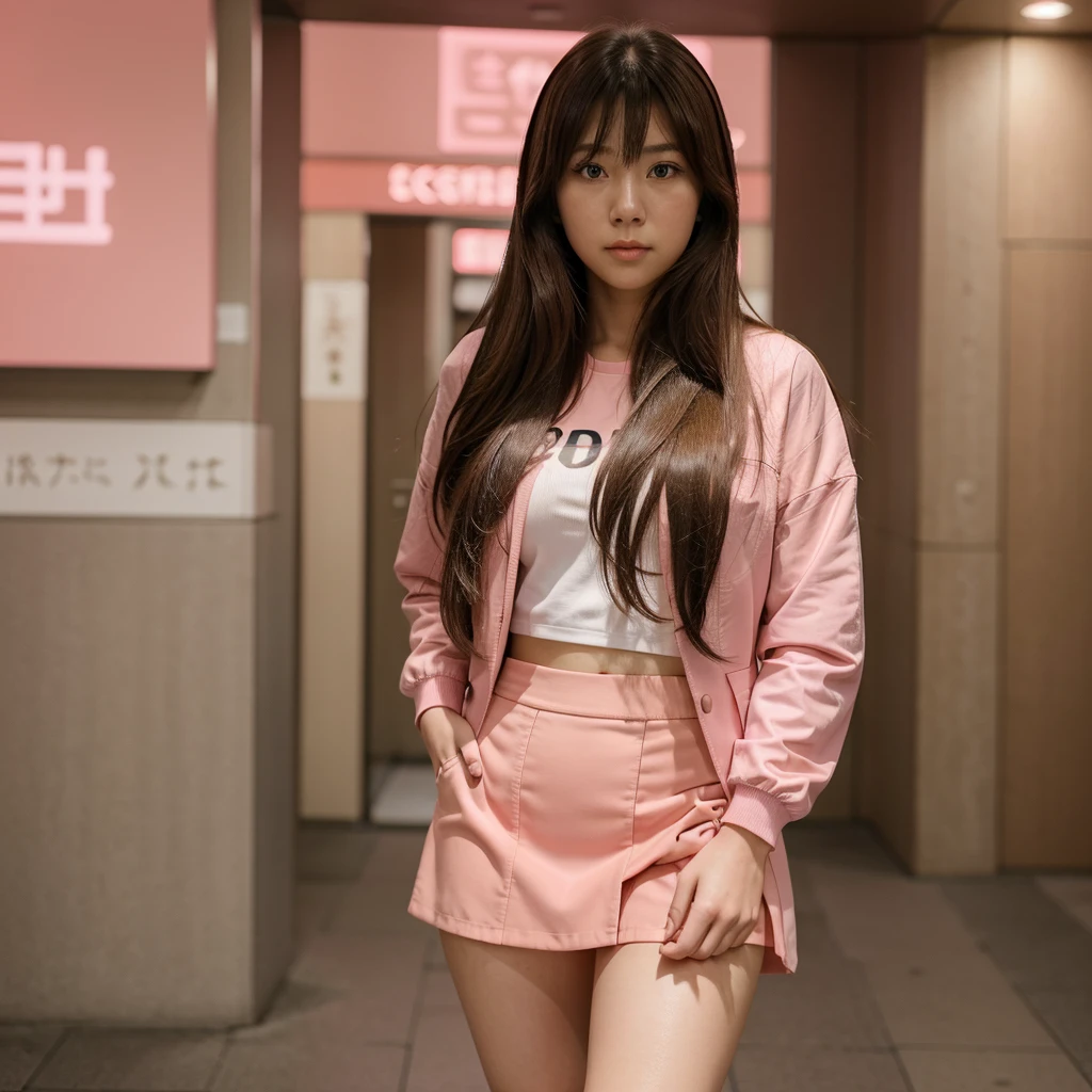 Close up,1 girl,solo, random post, Beautiful girl,(((Aimi Rin))) ,long hair, Beautiful shape ,wear a tight pink suit, tight skirt ,(short skirt),looking at camera,25 years old, in the Tokyo city