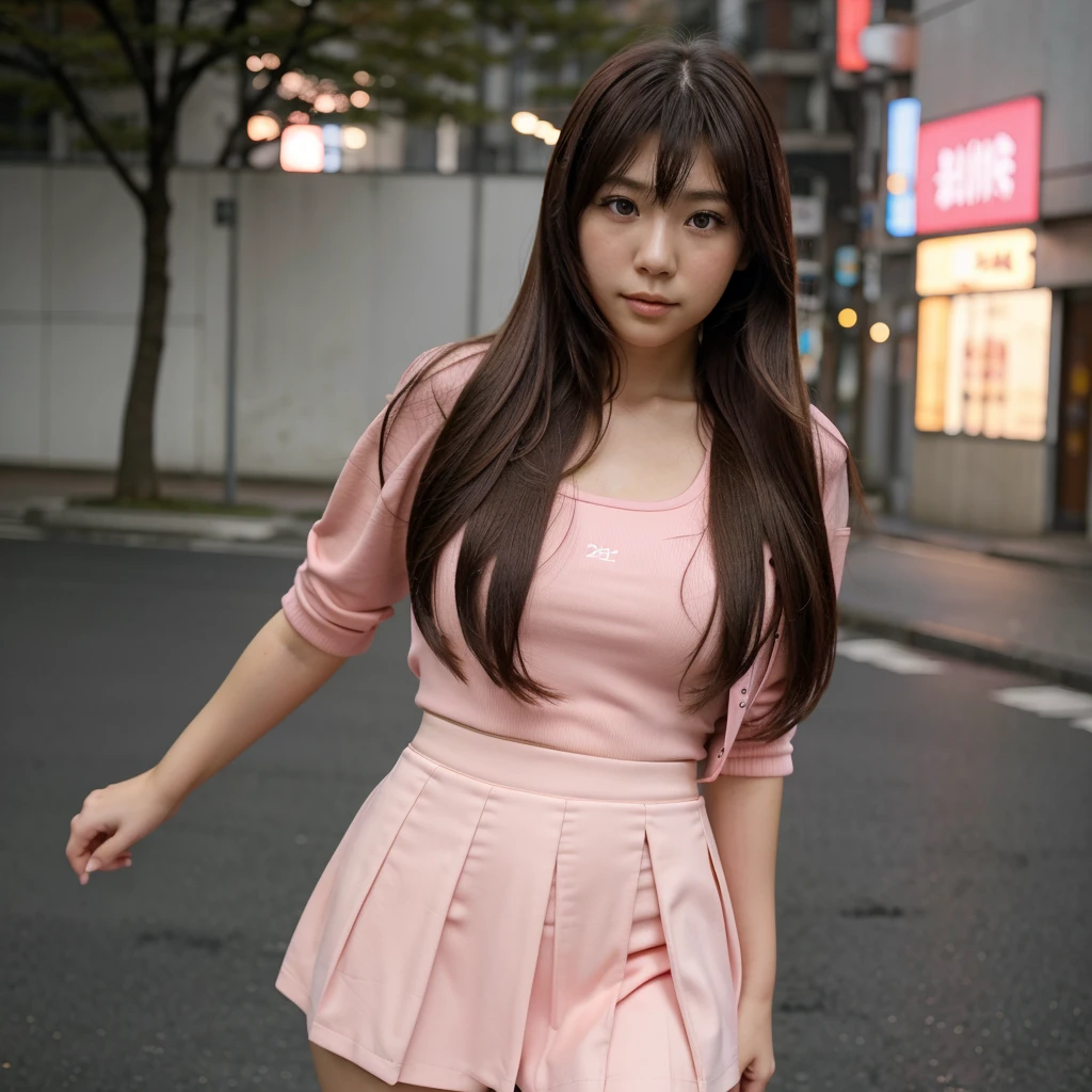Close up,1 girl,solo, random post, Beautiful girl,(((Aimi Rin))) ,long hair, Beautiful shape ,wear a tight pink suit, tight skirt ,(short skirt),looking at camera,25 years old, in the Tokyo city
