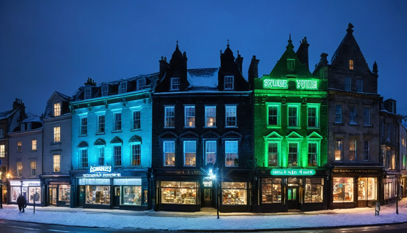 Kylesville Architecture Panoramic: Buildings of Scottish and Irish architecture built until the 19th century.Height of Buildings: Maximum 5 floors.lighting: Green or blue neon lights in stores, white lights on streetlights.climate: polar winter (neve, Glace, cloudy or twilight sky).