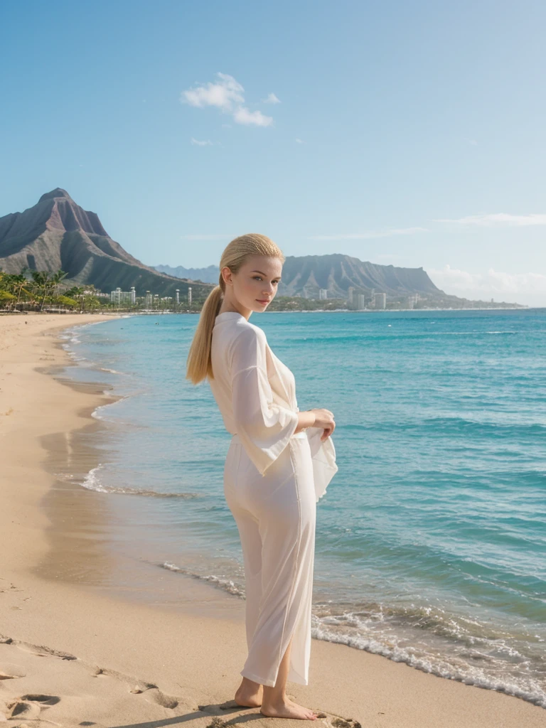 her name is Elle, high quality, 1girl, ((20-year-old fit Caucasian woman)), ((20 years old)), ((fit)), ((pale skin)), ((sleek ponytail blonde colored hair)) , wearing Green Embroidered Sheer Kimono + High-Waisted Palazzo Pants, pose: standing, background: Describe the tropical urban paradise of Waikiki Beach in Honolulu, with its high-rise hotels, pristine beaches, and the iconic Diamond Head crater in the background.