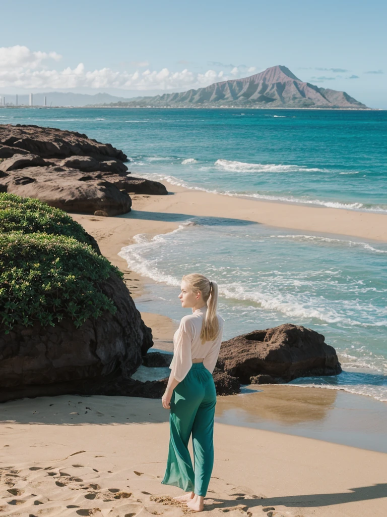 her name is Elle, high quality, 1girl, ((20-year-old fit Caucasian woman)), ((20 years old)), ((fit)), ((pale skin)), ((sleek ponytail blonde colored hair)) , wearing Green Embroidered Sheer Kimono + High-Waisted Palazzo Pants, pose: standing, background: Describe the tropical urban paradise of Waikiki Beach in Honolulu, with its high-rise hotels, pristine beaches, and the iconic Diamond Head crater in the background.