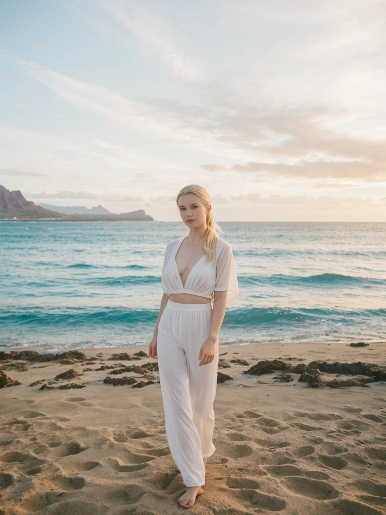 her name is Elle, high quality, 1girl, ((20-year-old fit Caucasian woman)), ((20 years old)), ((fit)), ((pale skin)), ((sleek ponytail blonde colored hair)) , wearing Green Embroidered Sheer Kimono + High-Waisted Palazzo Pants, pose: standing, background: Describe the tropical urban paradise of Waikiki Beach in Honolulu, with its high-rise hotels, pristine beaches, and the iconic Diamond Head crater in the background.