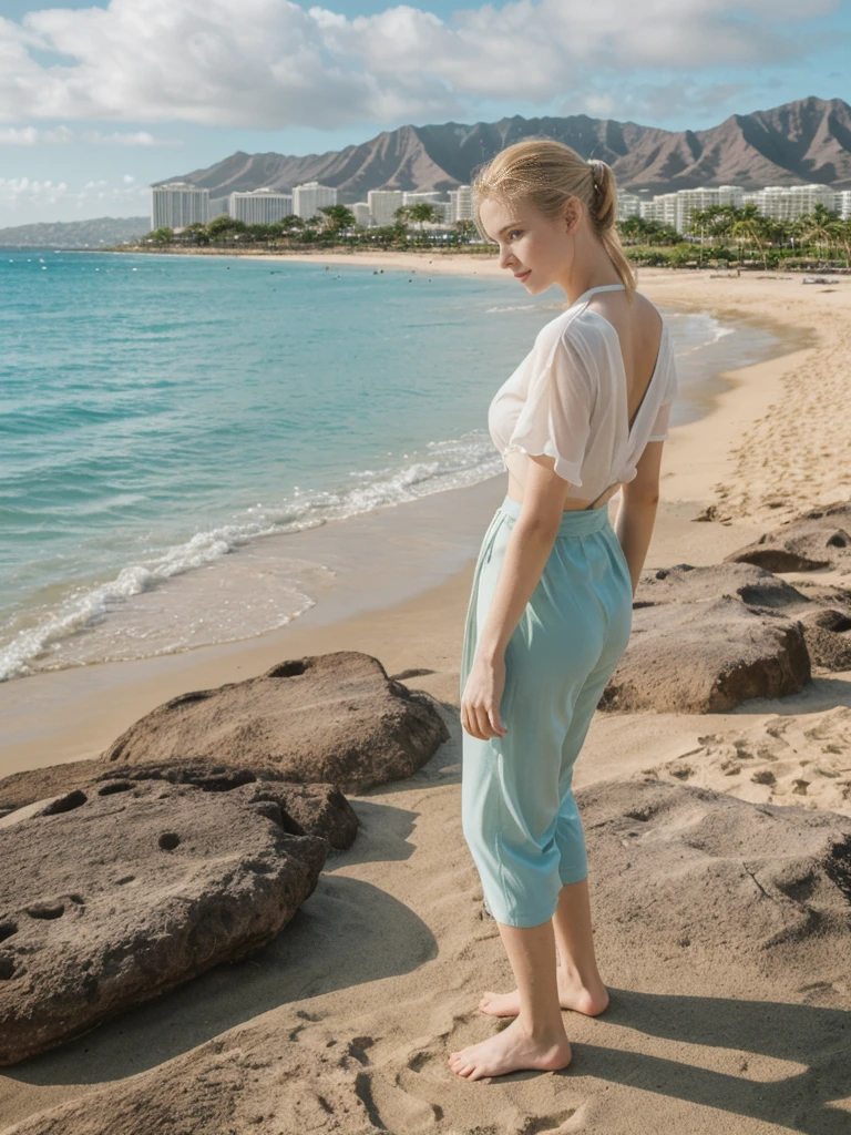 her name is Elle, high quality, 1girl, ((20-year-old fit Caucasian woman)), ((20 years old)), ((fit)), ((pale skin)), ((sleek ponytail blonde colored hair)) , wearing Green Embroidered Sheer Kimono + High-Waisted Palazzo Pants, pose: standing, background: Describe the tropical urban paradise of Waikiki Beach in Honolulu, with its high-rise hotels, pristine beaches, and the iconic Diamond Head crater in the background.