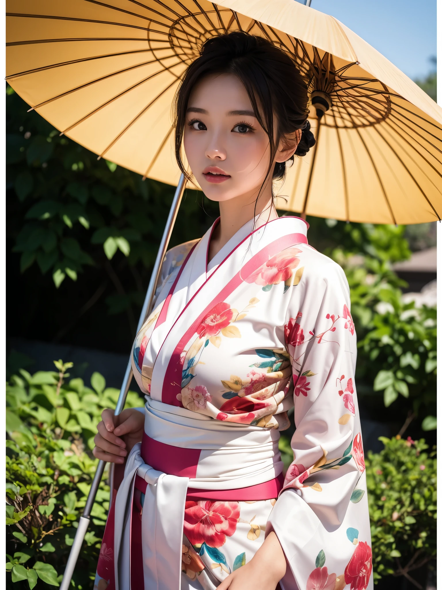 a young Japanese lady in kimonos posing for an elegant umbrella, in the style of liam sharp, 32k uhd, webcam, iPhone RAW quality photography, brightened colors, nature in theme, eve ventrue, smooth and curved lines, mid body shot, intensity but pleasent in facial expression. Avant-garde, lines and structure in background.