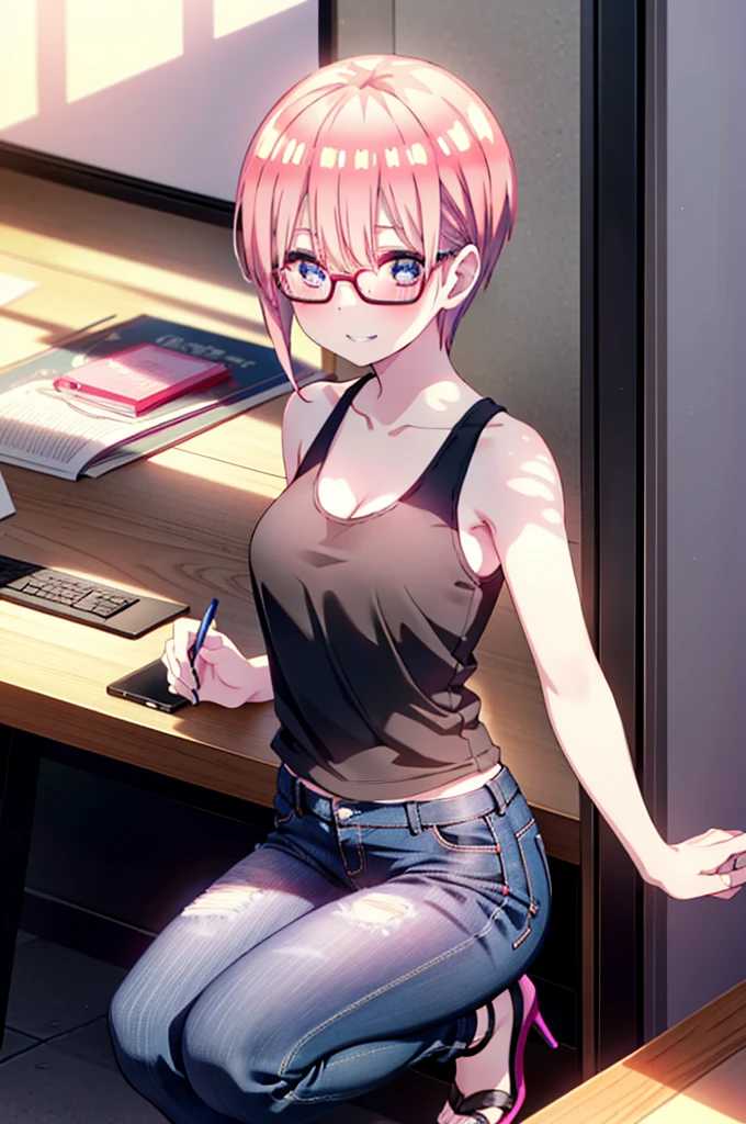 ichikanakano, Nakano Ichika, short hair, bangs, blue eyes, Hair between the eyes, Pink Hair, Grin,smile,Glasses,black tank top shirt,Skinny jeans,Stiletto heels,interior,There is a computer on the table,whole bodyがイラストに入るように,Walking,Daytime,Clear skies,
break indoors, office,
break looking at viewer,whole body,
break (masterpiece:1.2), Highest quality, High resolution, unity 8k wallpaper, (figure:0.8), (Beautiful attention to detail:1.6), Highly detailed face, Perfect lighting, Highly detailed CG, (Perfect hands, Perfect Anatomy),