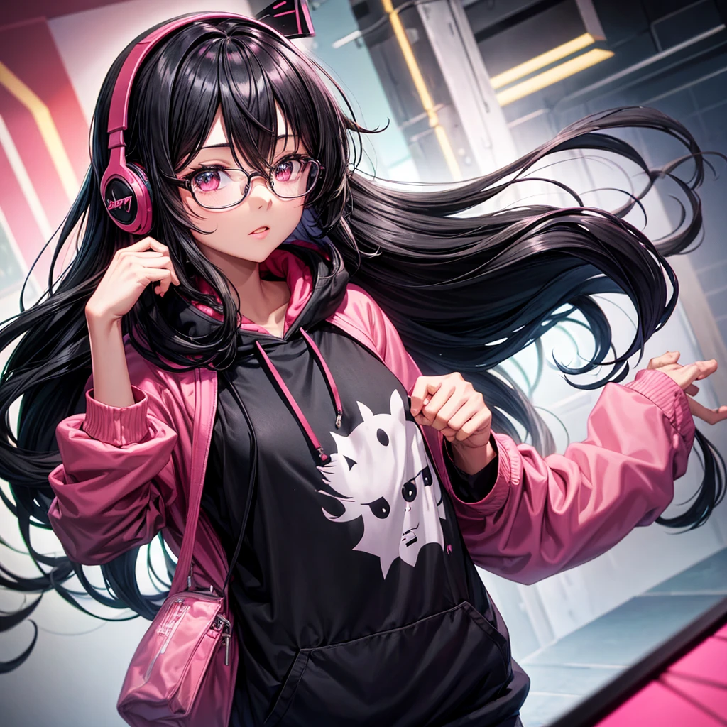 Black long hair girl with bangs,girl Anime,black and pink hoodie, glasses, headphones on head