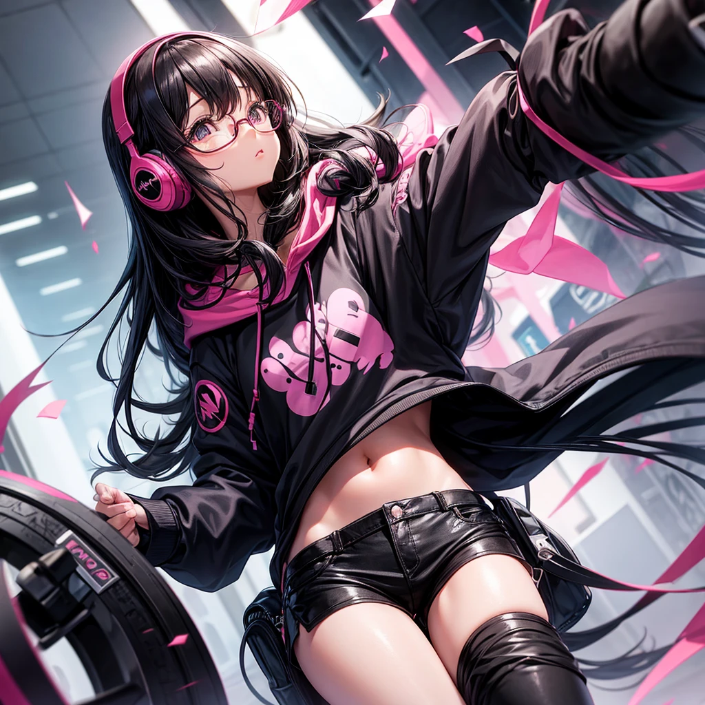 Black long hair girl with bangs,girl Anime,black and pink hoodie, glasses, headphones on head
