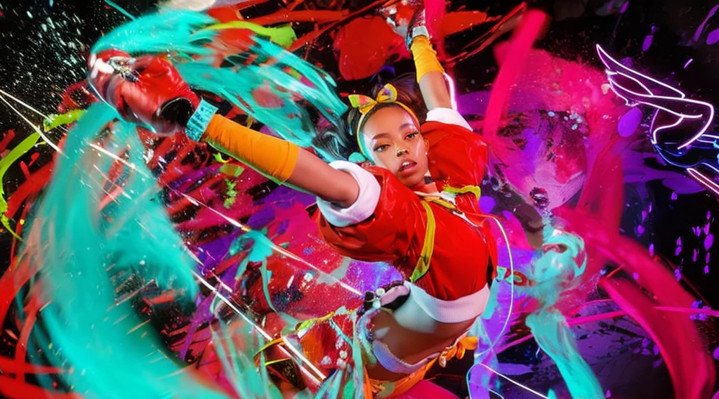masterpiece,Highest quality,Attention to detail,8K,Kimberly 2,One girl,alone,Long Hair,Black Hair,gloves,bow,Brown eyes,Jacket,hair bow,Multicolored Hair,hair band,Dark Skin,fingerless gloves,Dark skinned women,lips,red Jacket,amount,cropped Jacket,Wide Hips,nose,bow hair band,very Dark Skin,cowboy_shot,Street background,pants,