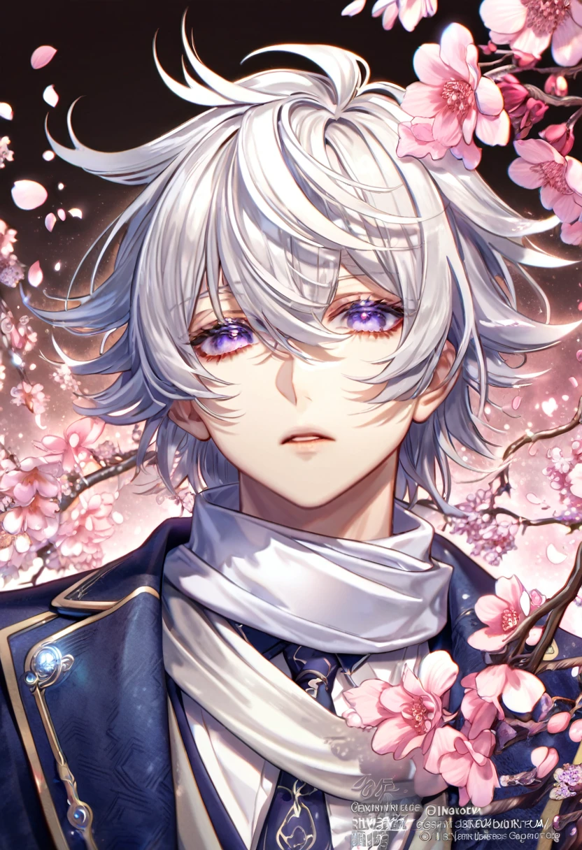 absurdres, highres, ultra detailed, HDR, master piece, best quality, Gauche Suede, white hair, expressive purple eyes, messy hair, hair between the eyes, Tegami Bachi, solo, sexy man, handsome, white scarf, dark blue jacket, white shirt, dark blue necktie, fantasy, shining, pink flowers, pink blossoms, pink petals