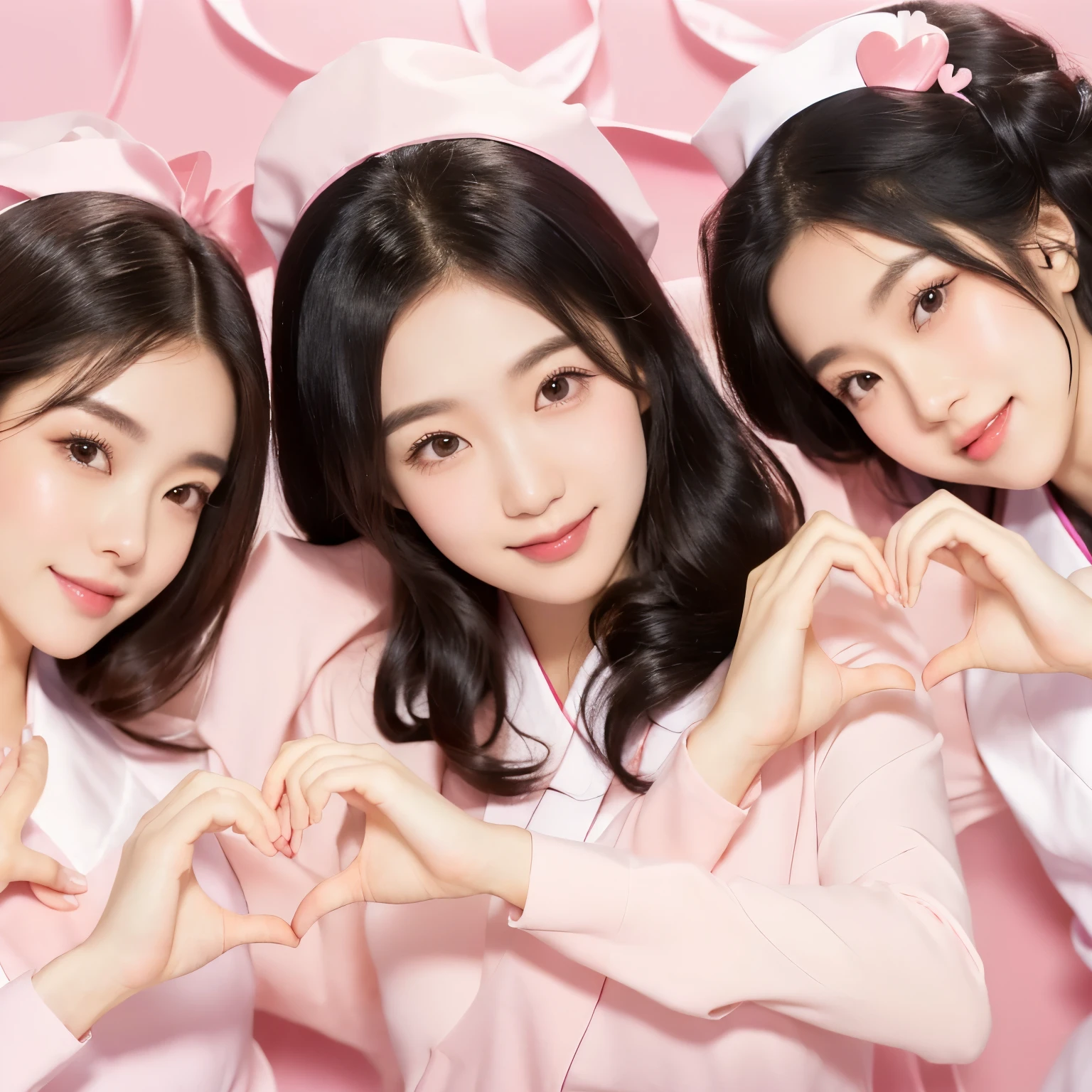 (three girls making a heart with their hands), 3girls, smiling, cute Japanese female nurse wearing fitted pink nurse dress , beautiful detailed face, Japanese woman, black hair, pale skin, realistic skin, detailed cloth texture, detailed hair texture, Perfect proportion, Beautiful Face, accurate, Anatomically correct, Highly detailed face and skin texture , looking at viewer