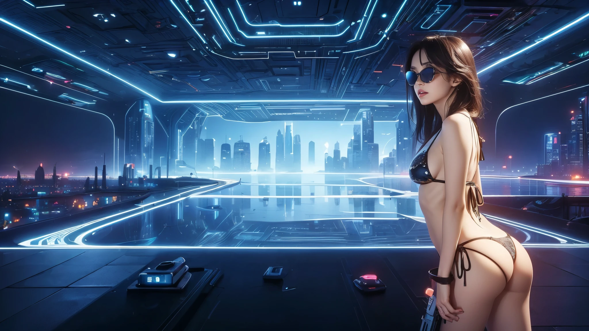 (((a medium-breast bikini slim GIRL with black micro sunglasses))), (((aiming at viewer with a pistol))), a balcony of a futuristic building, aerial view of an ultra-futuristic megalopolis, many metal buildings and houses in dark colors from dark blue to black, a cidade tem tons de cinza metal, has smoky metal structures , industrial environment with smoke and fog around, carros escuros nas ruas, desert megalopolis, trilhos e trens modernos de de metal passando estre as ruas da cidade, tall futuristic metal buildings, many ultra modern buildings around, realistic, detailed, sci-fi.