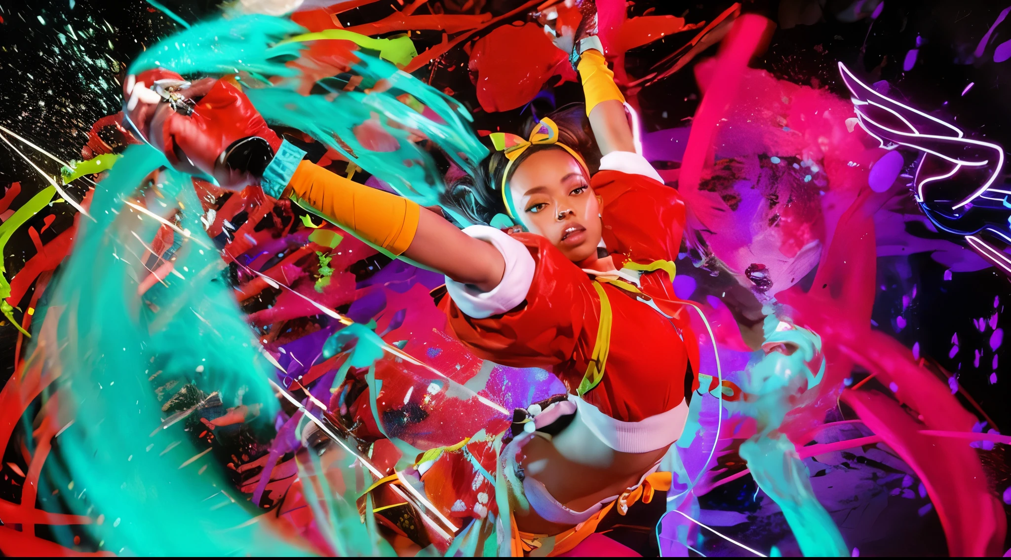 masterpiece,Highest quality,Attention to detail,8K,Kimberly 2,One girl,alone,Long Hair,Black Hair,gloves,bow,Brown eyes,Jacket,hair bow,Multicolored Hair,hair band,Dark Skin,fingerless gloves,Dark skinned women,lips,red Jacket,amount,cropped Jacket,Wide Hips,nose,bow hair band,very Dark Skin,cowboy_shot,Street background,pants,
