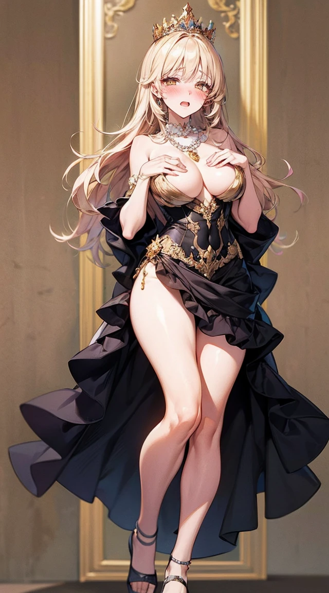 1 woman, Mary Queen of the United Kingdom, king, majestic, history, elegant, detailed face, Amazing costumes, pearl necklace, golden crown, king attire, Delicate lace collar, bright colors, royal background, soft light, Exquisite features, Powerful gaze, blonde hair, doggy style, sexual intercourse, bedroom, open legs, yellow eyes, The eyes are intricately detailed., very detailed eyes, rift, big breast, open mouth, (blushing:1.5), illustration,(full body:1.5),rift, visible chest, Show your breasts, open chest,((bare breast:1.37)), I saw bulging nipples.,(large areolae:1.4,pink,The nipples are clearly visible...), High quality fingers, normal hand, inch details, Masterpiece