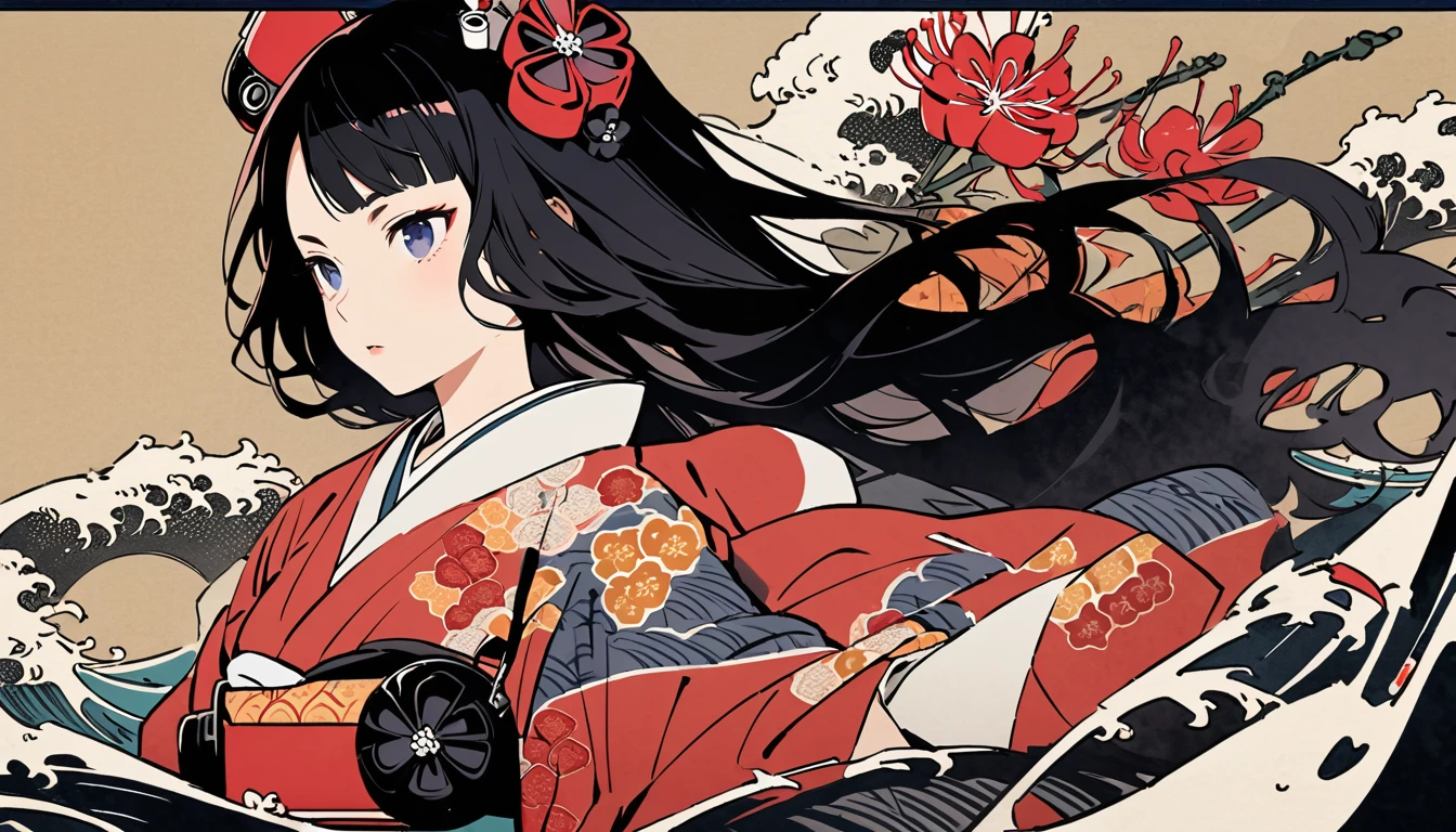 Highest quality, Katsushika Hokusai, Ink Painting, (((longhair))), (((Pale red kimono))), (((Boombox))), Patterned headphones, Red spider lily, beautiful girl, Black Hair, Delicate and precise, Modern ukiyo-e style,