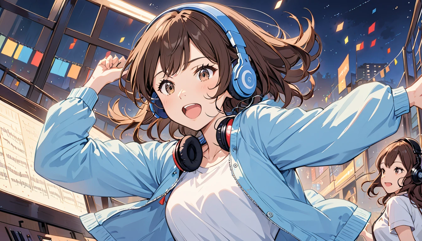 Girl wearing headphones,Getting in the rhythm,Brown Hair,One girl,Midnight