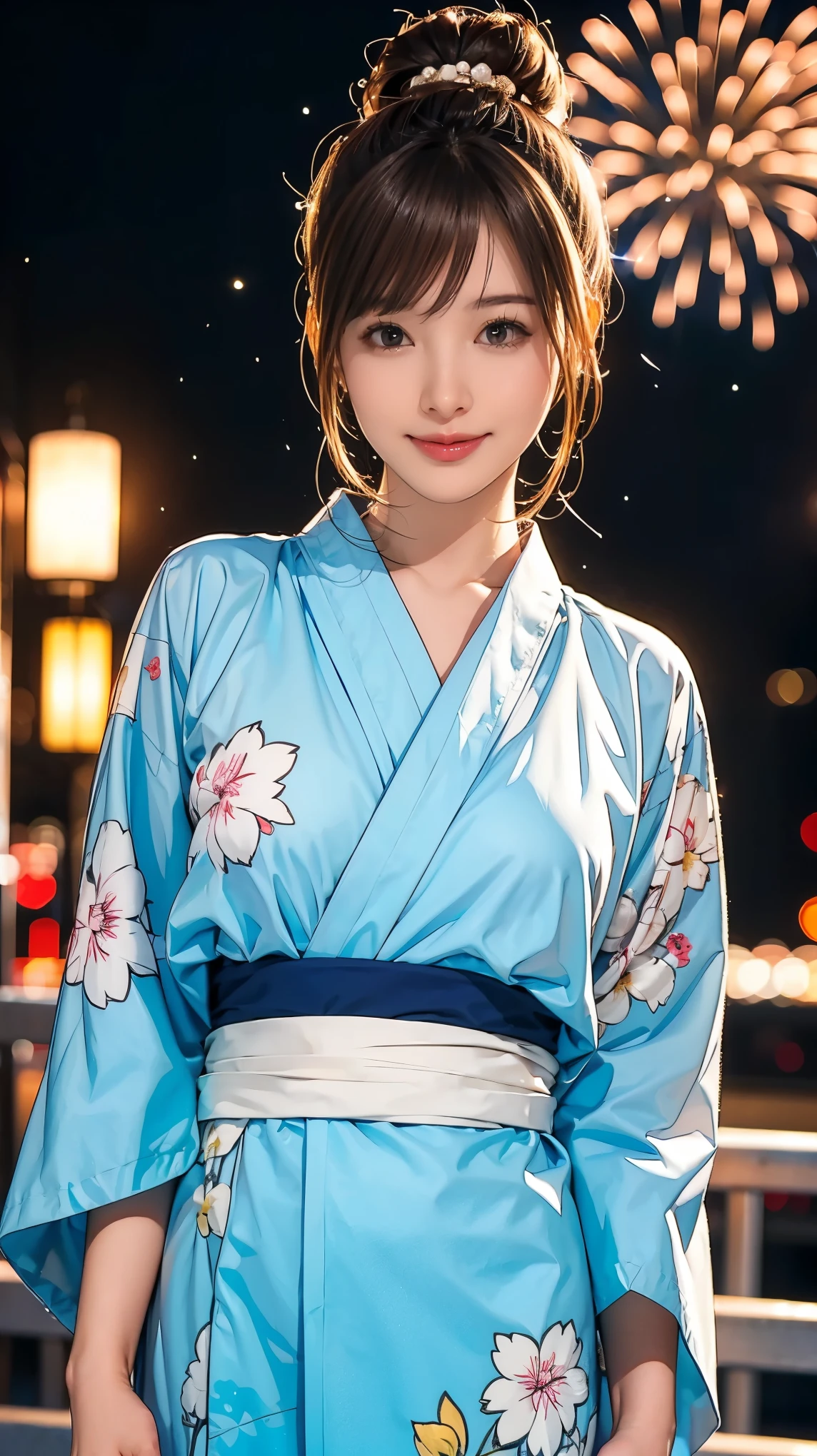 ((masterpiece)),(((Highest quality))),((Character design sheet)),A Japanese yukata with a bright floral and flower pattern in a combination of light blue and navy blue.:1.5，Stylish sandals:1.5，The best smile:1.5，Upper Body Shot:1.5，Night fireworks background:1.5，Flashy makeup with red eyeshadow:1.5，Bun Hair:1.5，