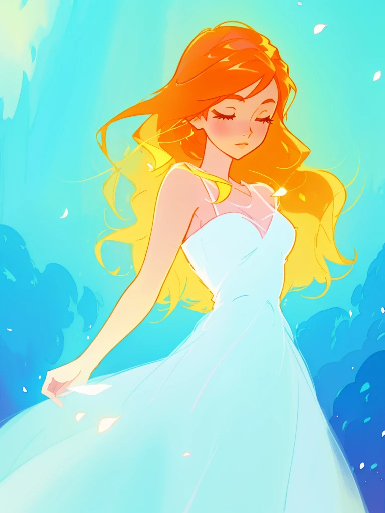 beautiful girl in white dress, fairy dress, long wavy golden red hair, watercolor illustration, inspired by Glen Keane, inspired by Lois van Baarle, disney art style, by Lois van Baarle, glowing aura around her, by Glen Keane, jen bartel, glowing lights! digital painting, flowing glowing hair, glowing flowing hair, beautiful digital illustration, fantasia otherworldly landscape plants flowers, beautiful, masterpiece, best quality, anime disney style