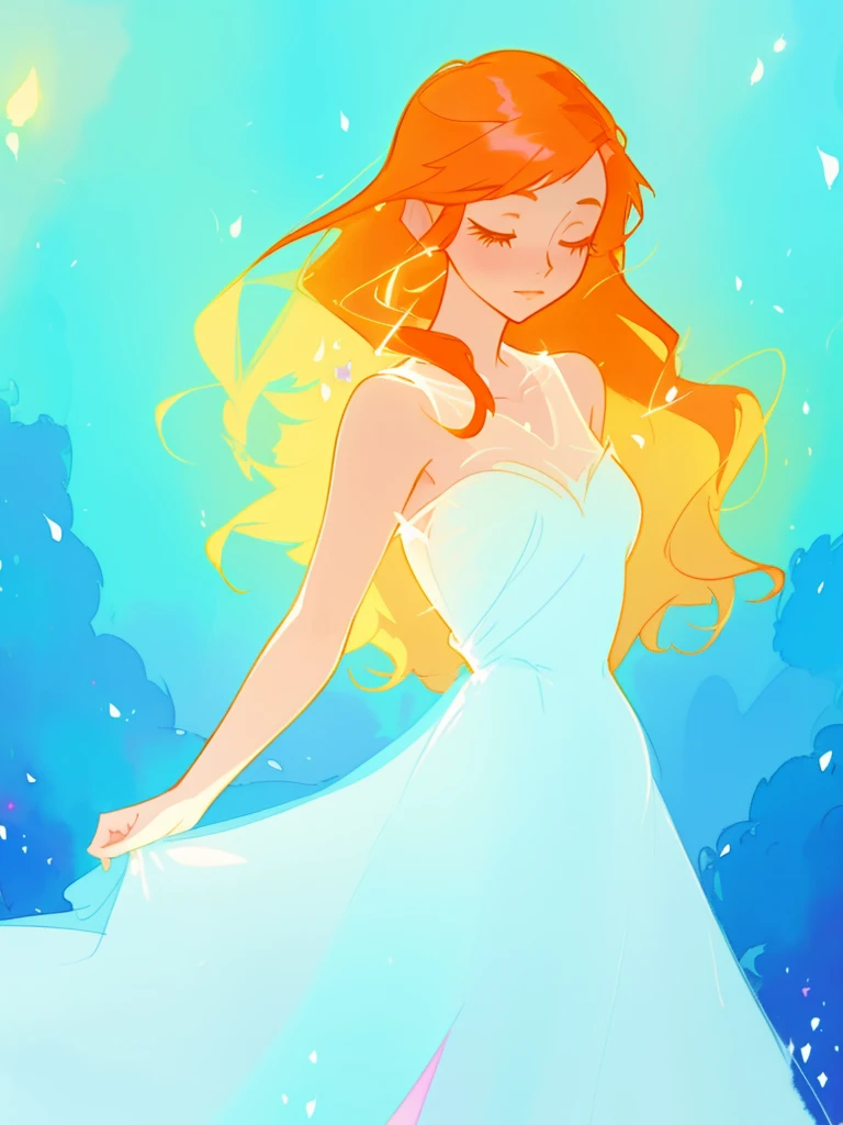 beautiful girl in white dress, fairy dress, long wavy golden red hair, watercolor illustration, inspired by Glen Keane, inspired by Lois van Baarle, disney art style, by Lois van Baarle, glowing aura around her, by Glen Keane, jen bartel, glowing lights! digital painting, flowing glowing hair, glowing flowing hair, beautiful digital illustration, fantasia otherworldly landscape plants flowers, beautiful, masterpiece, best quality, anime disney style