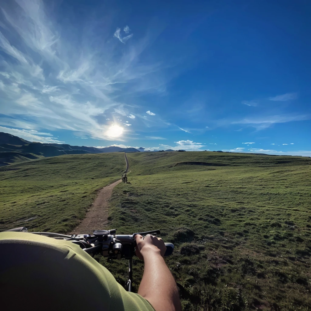 Arav view of cyclists on the grass, Extremely wide-angle shooting, Very wide angle field of view, Very wide angle shooting, Ultra wide angle拍摄, First-person perspective, First-person perspective, Ultra wide angle, Epic wide angle, First-person perspective, Epic landscape photos, green pastures stretch for miles, 120 degree viewing angle