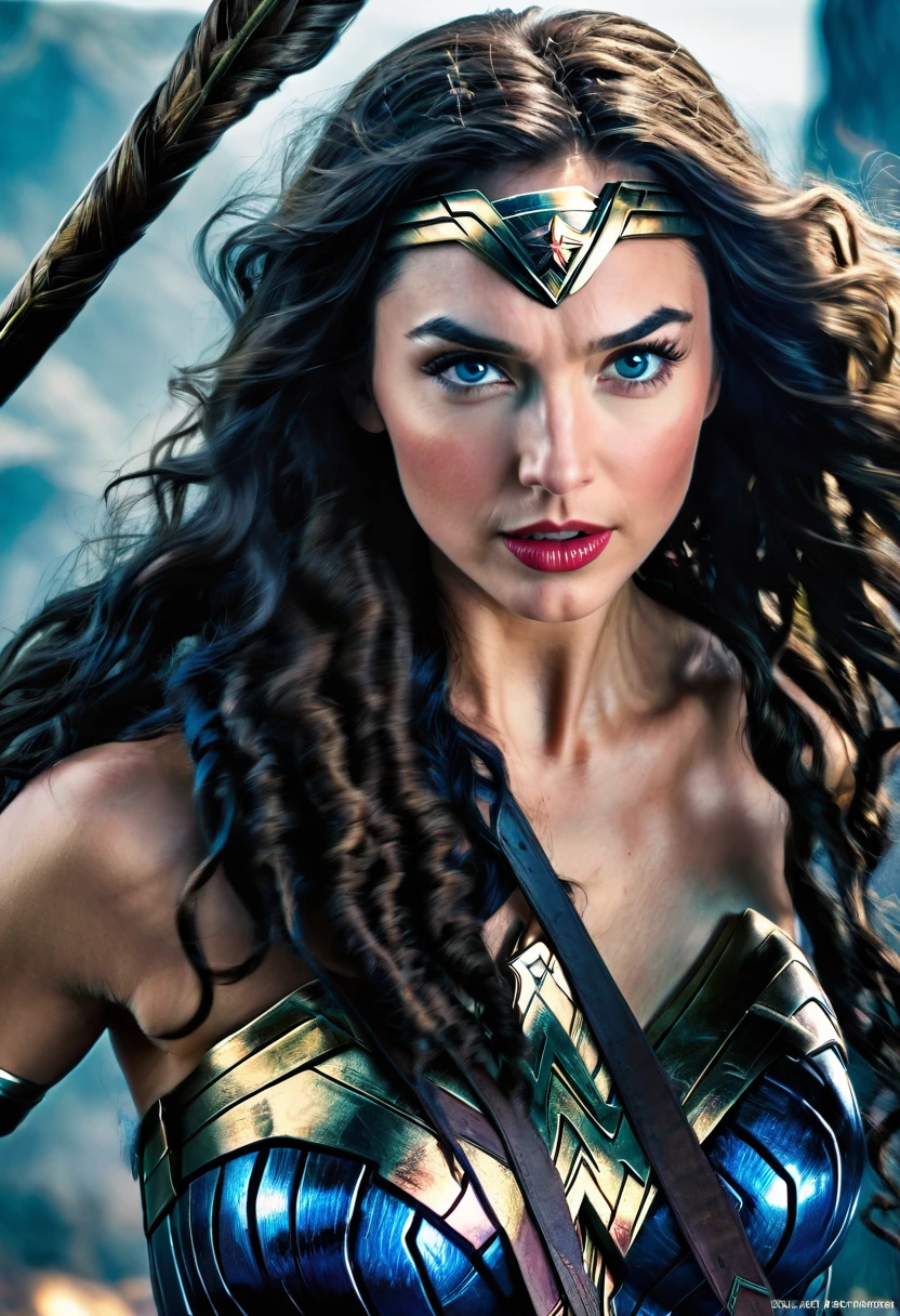 Extreme close-up Gal Gadot (((blue eyes))) under the mantle of the Amazon warrior (((Wonder woman)),((dreadlocks))) surreal and cinematographic images Color Splash images f(((Traje actual Wonder woman))),(((Diaema Wonder woman))),(((dreadlocks)))