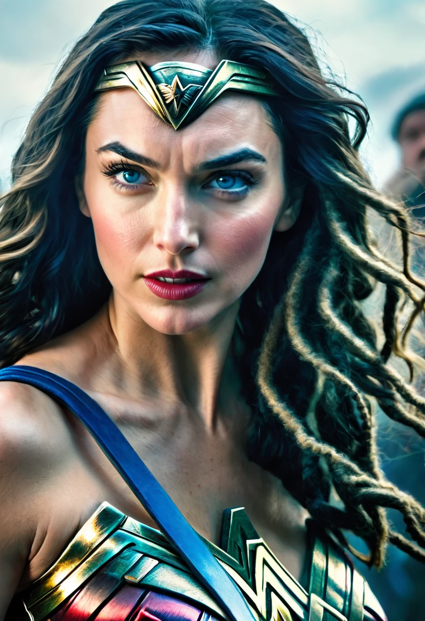 Extreme close-up Gal Gadot (((blue eyes))) under the mantle of the Amazon warrior (((Wonder woman)),((dreadlocks))) surreal and cinematographic images Color Splash images f(((Traje actual Wonder woman))),(((Diaema Wonder woman))),(((dreadlocks)))