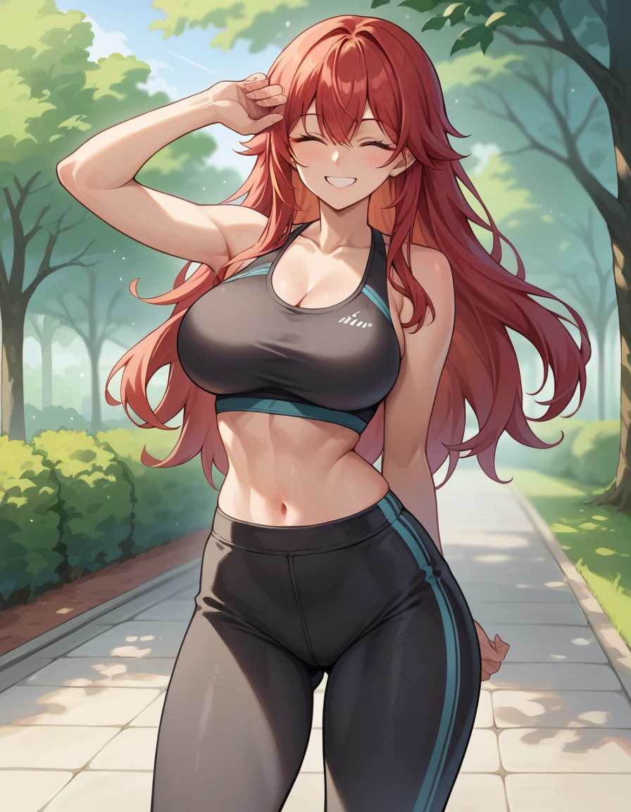 score_9, score_8_up, source_anime, 1girl, nihilister, red hair, long hair, Large breasts,Wide Hips, Narrow waist, sports bra, black Spandex pants, standing, looking at viewer, ^ ^, eyes closed, smile, park, 