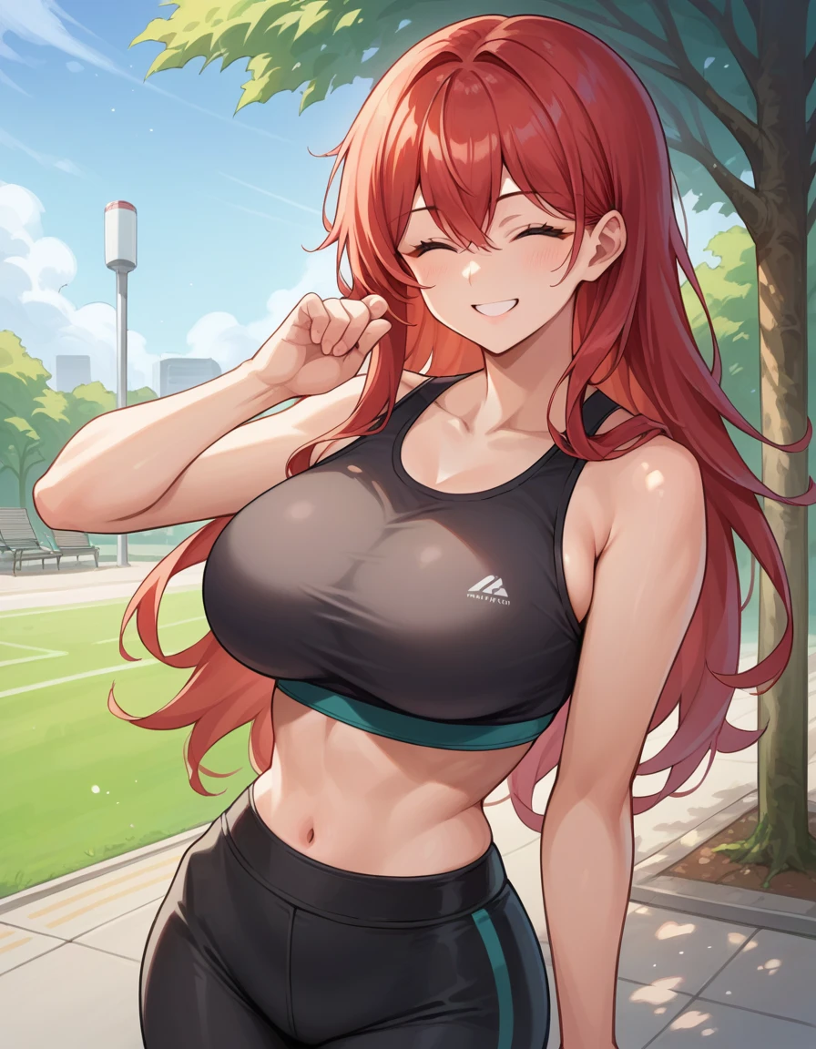 score_9, score_8_up, source_anime, 1girl, nihilister, red hair, long hair, Large breasts,Wide Hips, Narrow waist, sports bra, black Spandex pants, standing, looking at viewer, ^ ^, eyes closed, smile, park, 