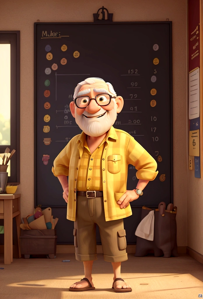 An elderly man next to a large stretched out flag, with medium beard, smiling, wearing a colorful flower shirt. He is wearing flip-flops and brown shorts. left hand holds a brown flag, The man is standing facing the viewer. money bills are coming out of your blouse pocket. pixar model, 3 d drawing, detailedeyes, flag on the side, flag in yellow color, blackboard in the background, numbers are written on the flag