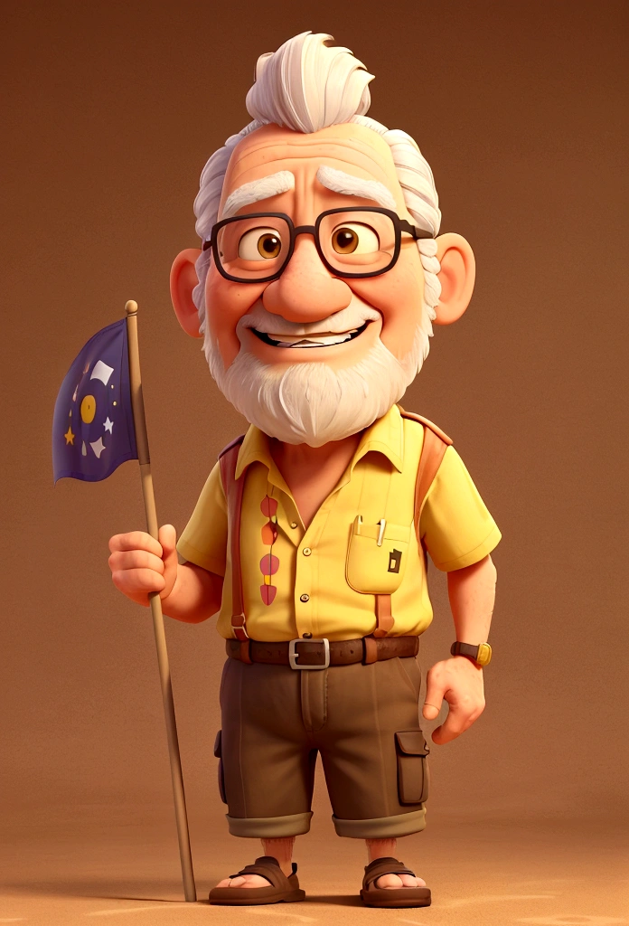 An elderly man next to a large stretched out flag, with medium beard, smiling, wearing a colorful flower shirt. He is wearing flip-flops and brown shorts. left hand holds a brown flag, The man is standing facing the viewer. money bills are coming out of your blouse pocket. pixar model, 3 d drawing, detailedeyes, flag on the side, flag in yellow color, blackboard in the background, numbers are written on the flag