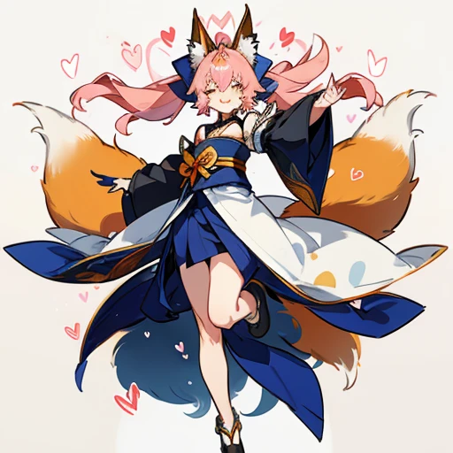 Tamamo no mae (destiny/Extra), Tamamo (destiny), One girl, alone, Long Hair, chest, View your viewers, blush, Open your mouth, bangs, large chest, Simple Background, Long sleeve, White Background, bow, Animal ears, Hair between the eyes, Bare shoulders, twintails, tail, Yellow Eyes, Pink Hair, hair bow, heart, Side Lock, Thighs, Removable sleeves, Close one eye, kimono, tooth, Wide sleeves, Underarm, kimono, Raise your arms, Animal earsの毛, sash, Fox Ears, Detachable collar, fox tail, blue bow, heart, heart-shaped pupils, chest out, Fox Girl, Put your arms behind your head, blue kimono, Fox silhouette,(nsfw:1.9)