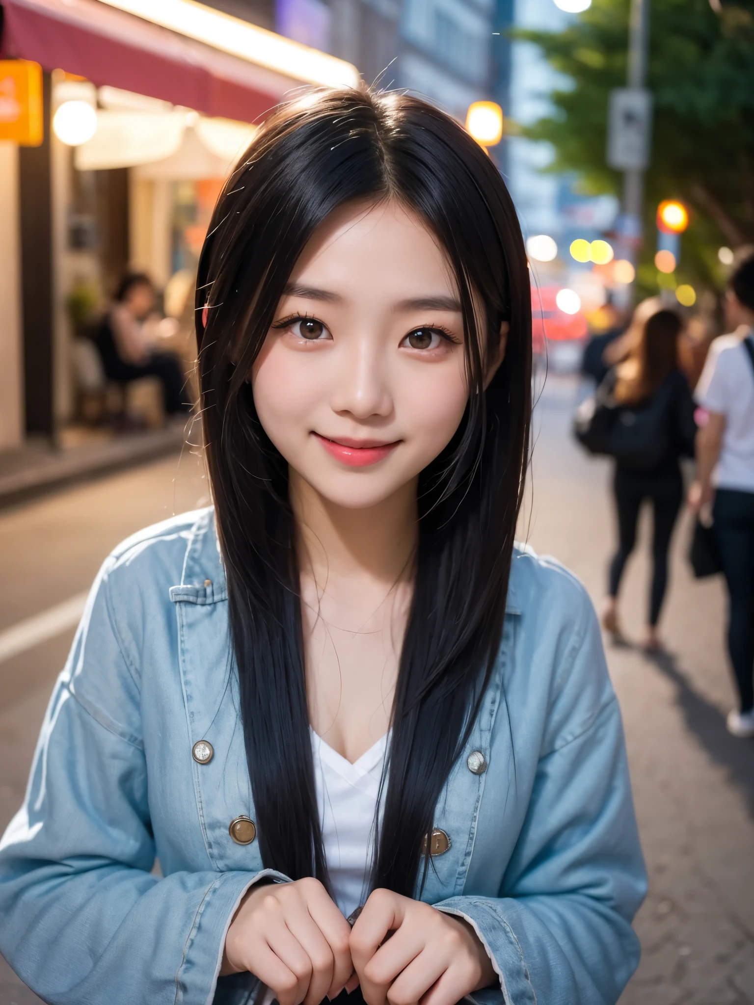beautiful young asian girl on the street, smiling, in the style of tokina at-x 11-16mm f/2.8 pro dx ii, uhd image, salon kei, aurorapunk, shiny eyes, matte photo, zeiss batis 18mm f/2.8