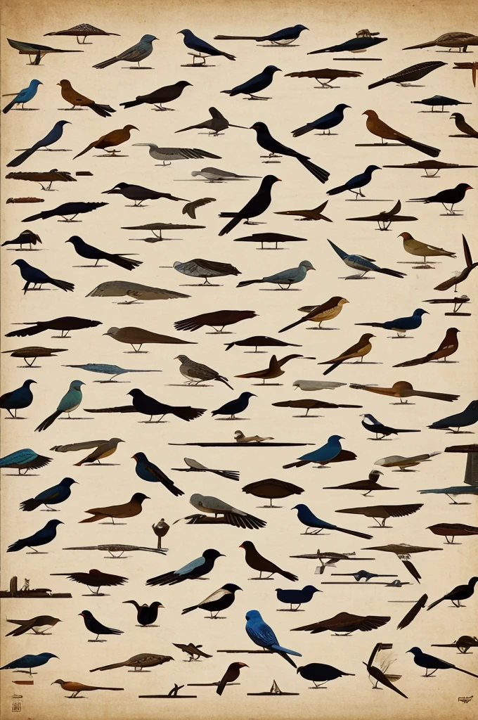 A rectangular canvas where there are many birds of different types in the