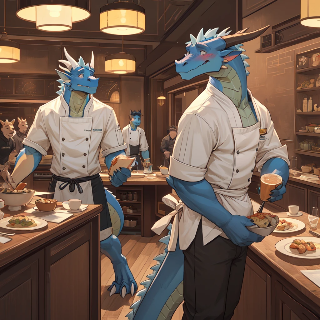 male dragon, slim build, fancy restaurant, chef apron, blushing, by fek, detailed background, diaper under clothes, sweating, being watched, embarrassed, diaper use