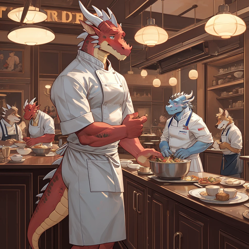 male dragon, slim build, fancy restaurant, chef apron, blushing, by fek, detailed background, wearing diaper, being watched, embarrassed, 