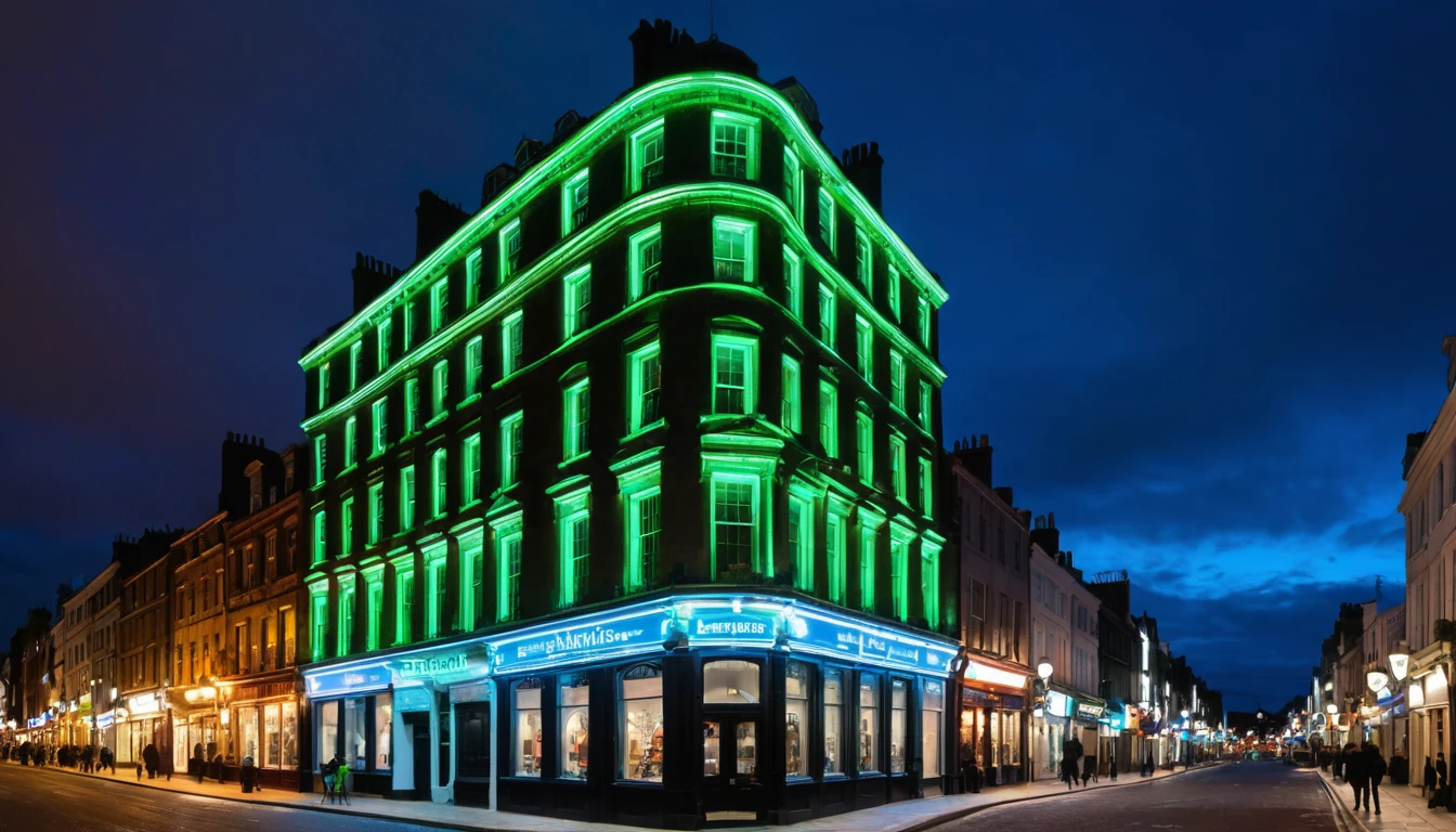 Kylesville Architecture Panoramic: Buildings of Scottish and Irish architecture built until the 19th century.Height of Buildings: Maximum 5 floors.lighting: Green or blue neon lights in stores, white lights on streetlights.climate: polar winter (neve, Glace, cloudy or twilight sky).