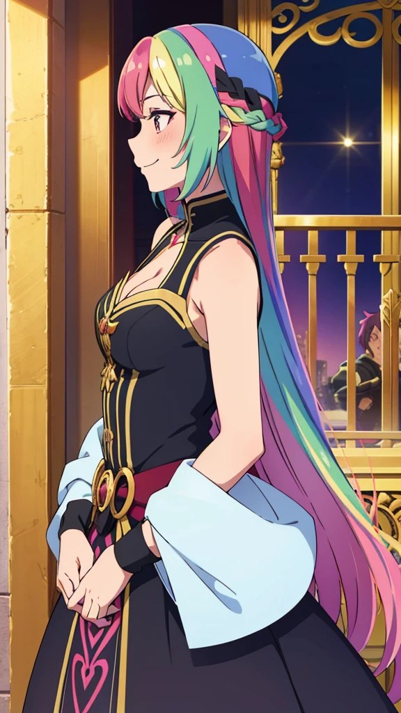 (1girl,20 years old),rainbow hair,long hair,medusa hair,black dress, sleeveless,bare shoulders,smile,sensual,beautiful,blush,extra arms,four arms,cleavage,night,looking at view,loving,dreamy, colorful, whimsical, magical, masterpiece, best quality, sharp focus, intricately detailed environment, fine detail, 8k resolution, glowing lights,starry Night,leaning forward,from front