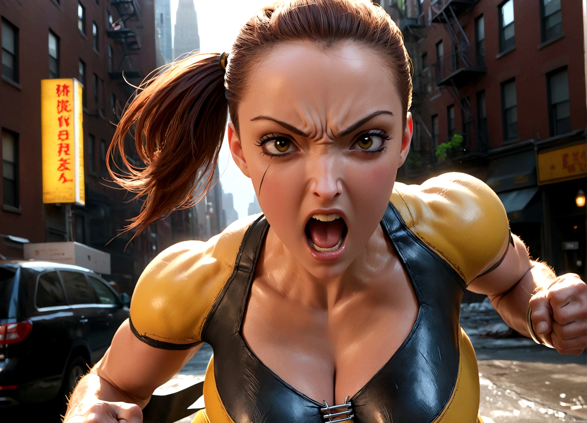 a cute woman as Wolverine,enraged Wolverine,claws out,ready to fight,One Punch Man Saitama unimpressed,New York City setting,highly detailed,cinematic,dramatic lighting,intense expression,muscular body,dynamic pose,gritty,realistic,intricate details,hyper-realistic,award winning digital art
