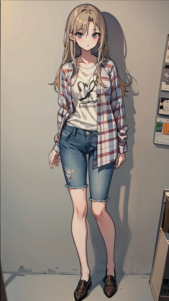 Drawing of a woman with long, middle-parted hair in a plaid shirt and sexy short jeans mini-pants., full body image of a short!, Drawing the whole character, Draw the whole body, Tall female emo art student, unrealistic character concept, Full concept in detail, !!full body image!!, realistic proportions!!, draftเส้น!!, outdraftเส้น, Comfortable pose, draft, Wear a plaid shirt., Whole body illustration