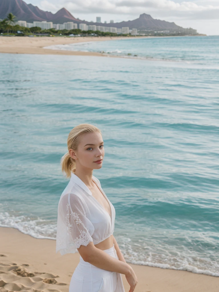 her name is Elle, high quality, 1girl, ((20-year-old fit Caucasian woman)), ((20 years old)), ((fit)), ((pale skin)), ((sleek ponytail blonde colored hair)) , wearing Green Embroidered Sheer Kimono + High-Waisted Palazzo Pants, pose: standing, background: Describe the tropical urban paradise of Waikiki Beach in Honolulu, with its high-rise hotels, pristine beaches, and the iconic Diamond Head crater in the background.